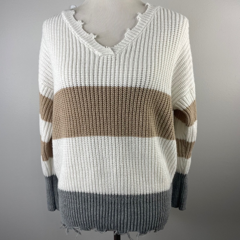 Moon & Madison Striped Distressed V-Neck Sweater White Tan Grey XS SA422-S